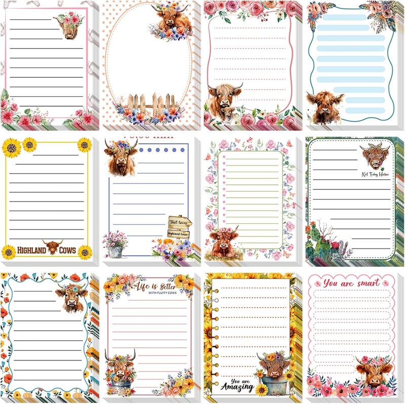 Chiisong 12 Pieces Highland Cow Sticky Notes 3x4 Inch Animal to Do List Just Loves Butterfly Sunflower Memo Notes Highland Cow Gifts Home Kawaii Cute Office Supplies - Image 1